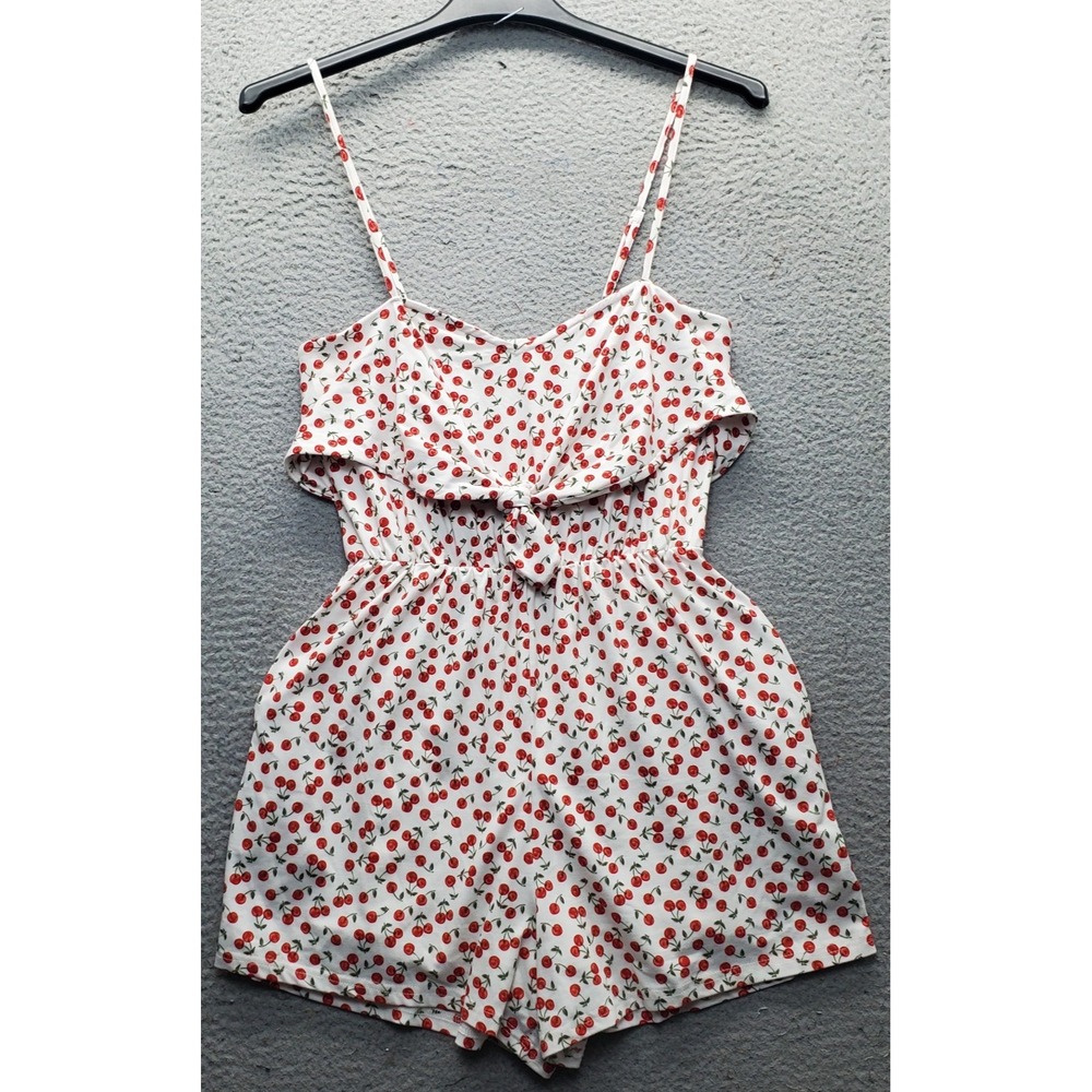 Jun & Ivy Romper Womens M Multi Cherry Print Lined Adjustable Straps Tie Front